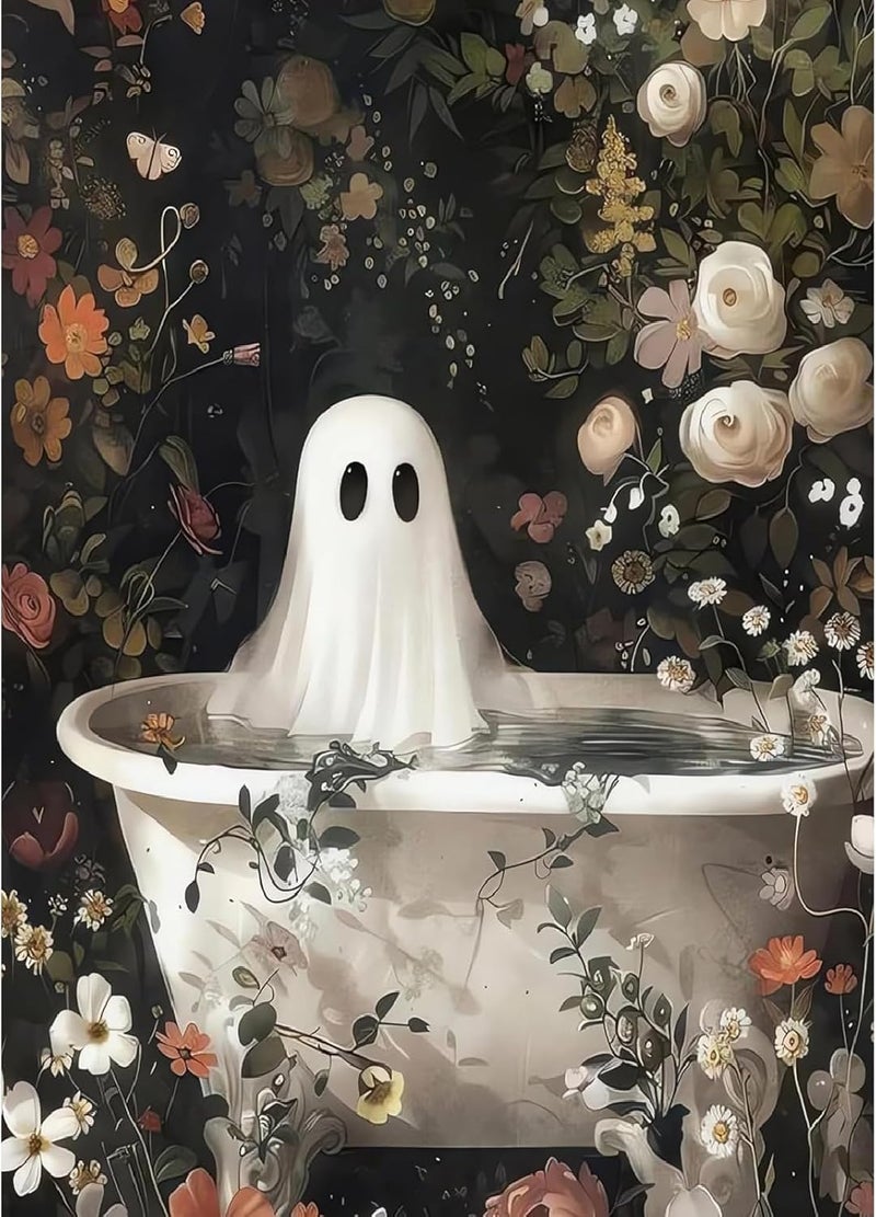 Kaixine Halloween Ghost Bathtub Stamped Cross Stitch Kits for Adults Beginner,Ghost Cross Stitch Kits Printed Stitching Patterns Dimensions Needlepoint Art Crafts Embroidery Kits for Adults Beginners 12x16 In - Image 1
